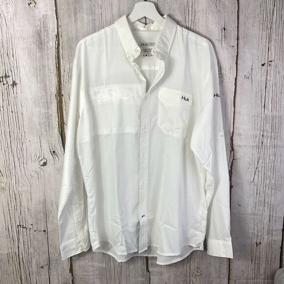 HUK Men's Tide Point Long Sleeve Shirt | Performance Button Down, White, Large N - Picture 2 of 10